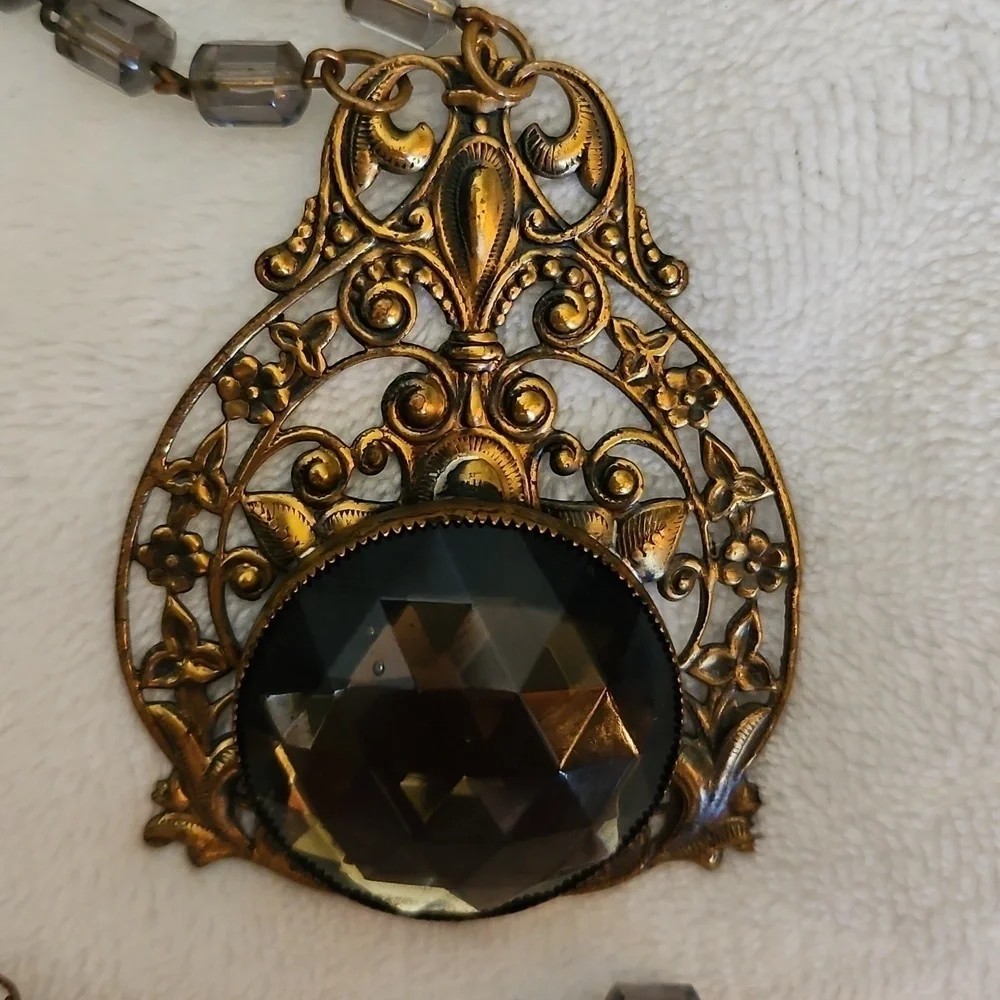 Antique Floral Repousse Czech Crystal Pendant Beaded Choker Necklace